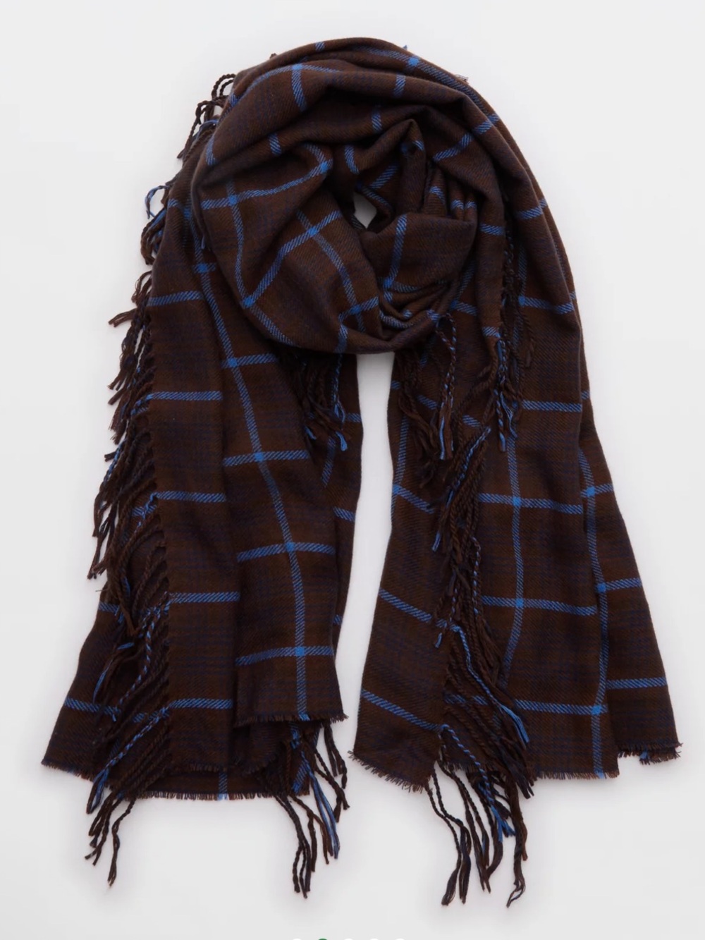 AERIE LIGHT WEIGHT BROWN & BLUE PLAID PRINTED FRINGE BLANKET SCARF